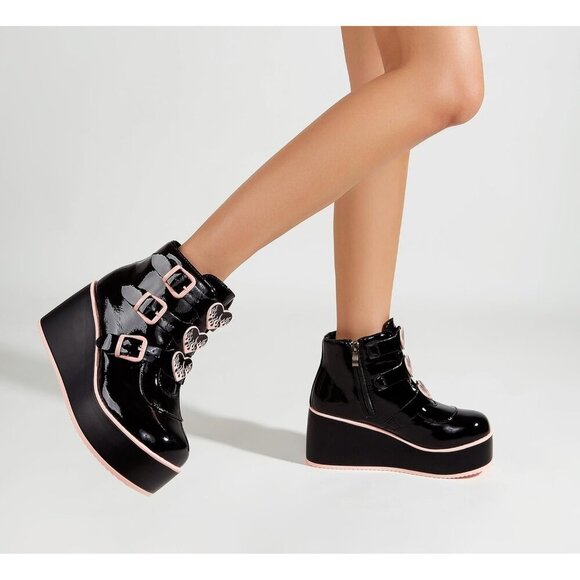 🆕 Goth Platform Chunky Ankle Boots Black Pink PU Wedge Zip Buckle Rave Booties - Picture 6 of 8